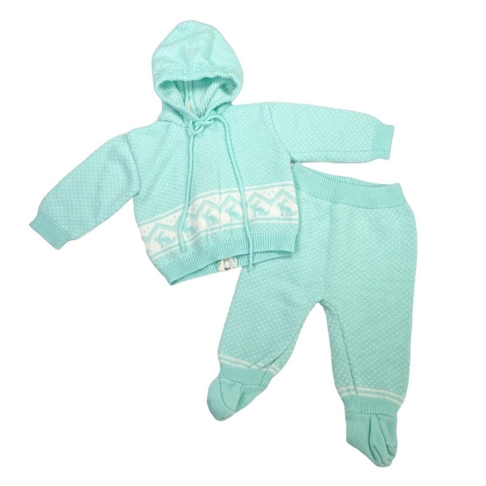 Vintage 2 Piece J & Pulcini Knit Baby Outfit- Zip Hooded Sweater/Pants- Size 12M